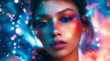 Beautiful woman with colorful makeup and glowing glitter on her face, against the background of space with stars and galaxies. fashion photography, beauty magazine - obrazy, fototapety, plakaty