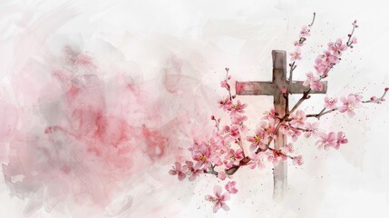 Watercolor Painting of Cross and Cherry Blossoms - obrazy, fototapety, plakaty