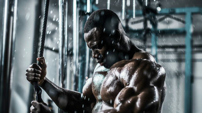 A muscular African man is doing Cable Crunch in the gym, dripping sweat from a tough workout