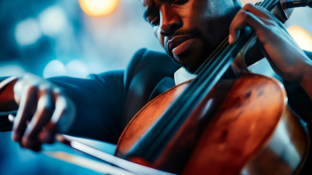 A close up shot of an African American cellist in elegant attire, playing with intensity and emotion on stage at night.