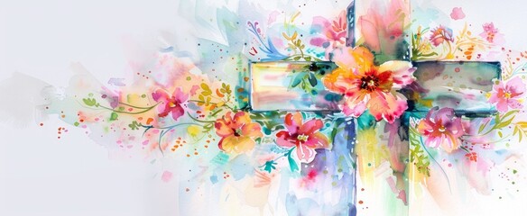 Expressive Watercolor Cross with Spring Flowers