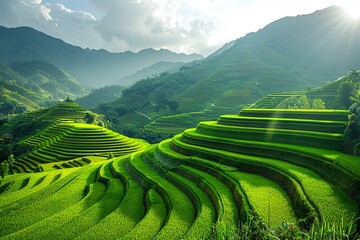 Terraced rice fields vibrant green hues