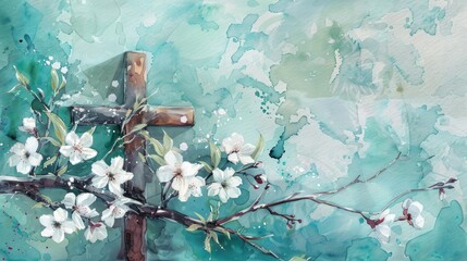 Abstract Watercolor Cross with Pink Cherry Blossoms