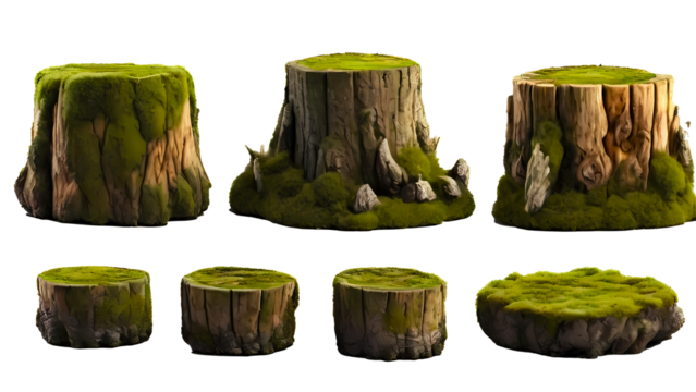 Old tree stump covered in moss. Dead tree isolated on white background.