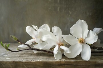 White Magnolia Branch on Wooden Table