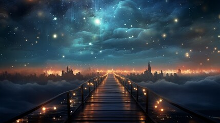 Empty boardwalk at dusk with dramatic sky, enveloped in a blanket of fog that softens the edges of the scene and adds an air of mystery - obrazy, fototapety, plakaty