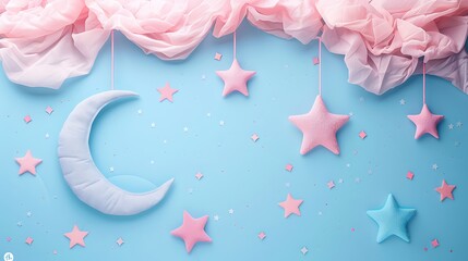 Blue pink inclination eid mubarak background with star and moon - obrazy, fototapety, plakaty
