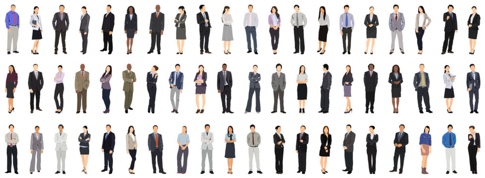 Collection of business people. Businessman and woman standing in pose on isolated white background.
