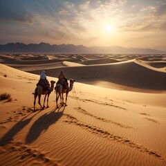 Fototapeta na wymiar camels and people traveling in the desert, sand dunes