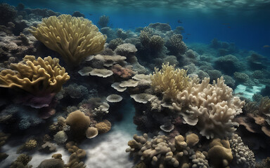 A desolate coral reef bleached white, surrounded by murky waters devoid of marine life