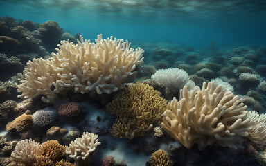 Naklejka na ściany i meble A desolate coral reef bleached white, surrounded by murky waters devoid of marine life