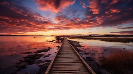 Gardinen Empty boardwalk at dusk with dramatic sky, the last rays of sunlight casting a golden hue on the wooden planks, silhouetting distant figures against the horizon © malik