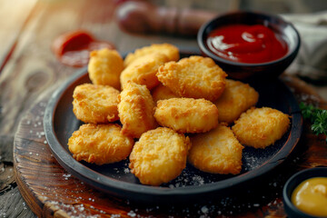 Chicken nuggets on a black plate with ketchup in a bowl next to it, selective focus close up
