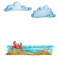 Watercolor composition on a white background, hand drawn. Beach, sea, sand, crab, stones, clouds