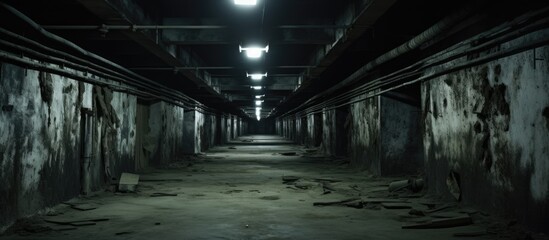 A wide corridor in an old abandoned underground Soviet shelter, showing peeling paint on the walls and a collapsed suspended ceiling from the Cold War era.