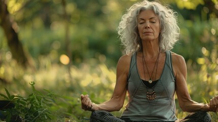 Woman practicing yoga in a peaceful outdoor setting, focusing on stress relief and physical well-being during menopause