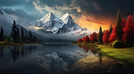 Schilderijen op glas sunrise in the mountains © malik