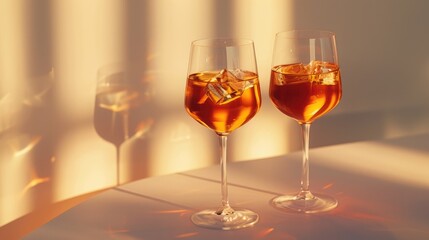 Aperol spritz cocktail in glasses placed on light background with shadow