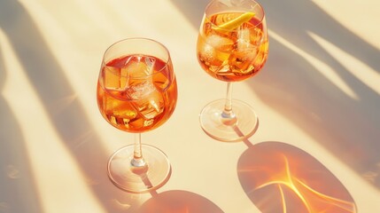 Aperol spritz cocktail in glasses placed on light background with shadow