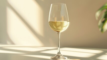Glass with white wine placed on light background with shadows