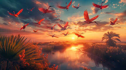 Origami cranes flying alongside real birds over a desert oasis at twilight blending art with nature