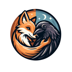 Obraz premium Friendship between fox and raven, vector illustration