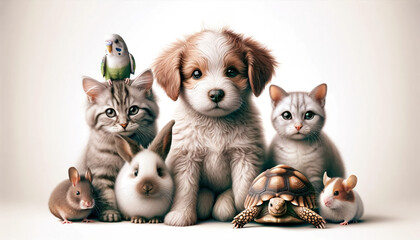 group of sitting babies animals on white background- puppy, kitten,turtle,rabbit,parrot