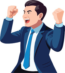 Vector illustration of an ecstatic cartoon businessman with raised fists in triumph