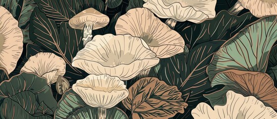 Vintage Poster Botanical Mushrooms in Muted and Soft Colors, Old Prints of the 1940s. Vintage Paper Background and Soft Ink Color Palette of the 1940 New Yorker Cover.