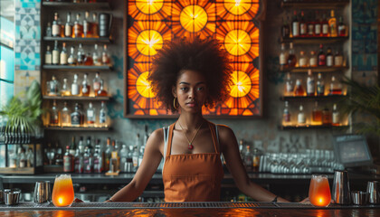 Black American, african woman Bartender working in modern bar in summer time.Earning money abroad, Restaurant business, Alcohol concept