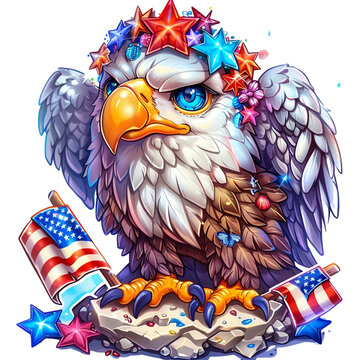 Cute cartoon bald eagle with American flag isolated on transparent background. For USA Independence day July 4th celebration. Flat clipart children illustration for sticker, banner, card 