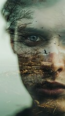 photography view of a jealous woman double exposure human fears and struggles future of a holographic scifi cinematic - obrazy, fototapety, plakaty