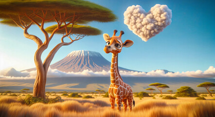 Adorable giraffe in the savanna with heart shape cloud