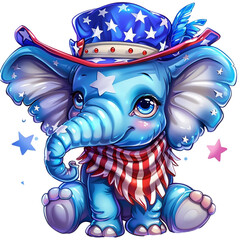 Funny cartoon American elephant in a hat isolated on transparent background. For USA Independence day July 4th celebration. Republican party mascot. Flat clipart illustration for sticker, banner