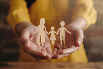 Woman's hands holding family paper. Family day concept, foster care, domestic violence, home school, international family day, world mental health day, selective focus close up
