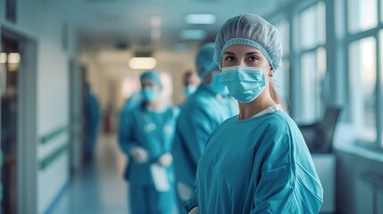 nurses and doctors wearing facemask and protective suit  , germs infection preventing, serious working in hospital, Generative Ai - obrazy, fototapety, plakaty
