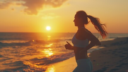 Fototapeta premium woman jogging at beach at in evening time, healthy lifestyle sport people concept, Generative Ai