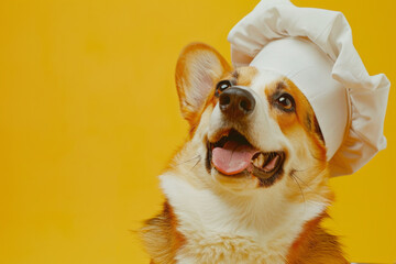 Welsh Corgi Pembroke with cook or chef hat isolated on yellow blank background with space for text or inscriptions
