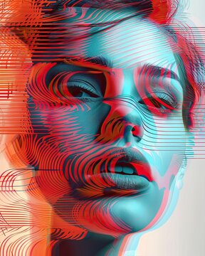a woman with a stylized portrait with a face on, in the style of anaglyph effect, trapped emotions depicted, hyper-realistic portraits
