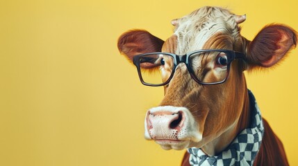 A cow wearing glasses and a necktie in a color background