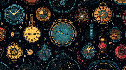 Array of Clocks on Wall. Generative AI