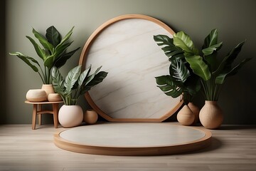 Wooden round podium in green room with tropical plants. Studio product display