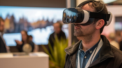 Person using virtual reality glasses at a technology fair. viewer wearing a virtual reality headset at a conference