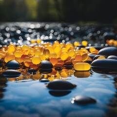 spilled yellow pills and their reflections in water - obrazy, fototapety, plakaty