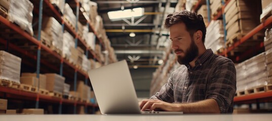 A content entrepreneur manages logistics with a laptop in a bustling warehouse, surrounded by the organized chaos of commerce