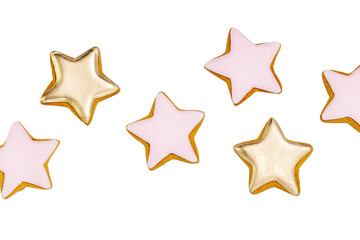 Isolated, holiday ginger cookies in the form of stars glazed sugar icing decoration on transparent background. Flat lay