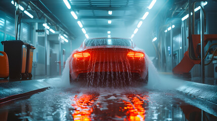 Red sports car getting washed in automated car wash. Vehicle maintenance and cleanliness concept - obrazy, fototapety, plakaty