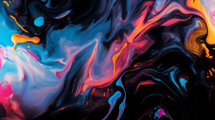 Abstract painting wallpaper with dark background with bright streaks of color. The colors are mostly blue, orange, and yellow, has a lot of movement and energy.