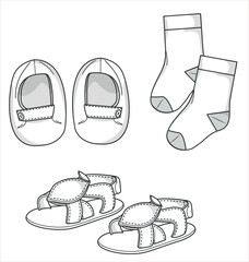 BABY SHOES, vector technical drawing. Baby first step shoes collection mock up design templates. Newborn shoes flat sketch, shoe fashion collection for babies.
