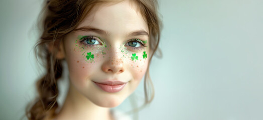 Young Irish girl with clover make up on her face for St. Patrick's holiday - 754206152